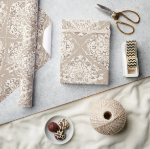 Papier Cadeau Damassé crème taupe élégant 