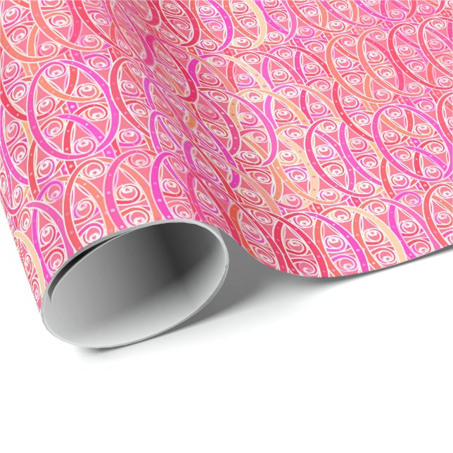 Papier Cadeau Damassé d'arabesque - nuances du rose de corail (Coin rond)