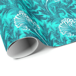 Papier Cadeau Damassé de fleurs jacobéen, turquoise et bleu sarc