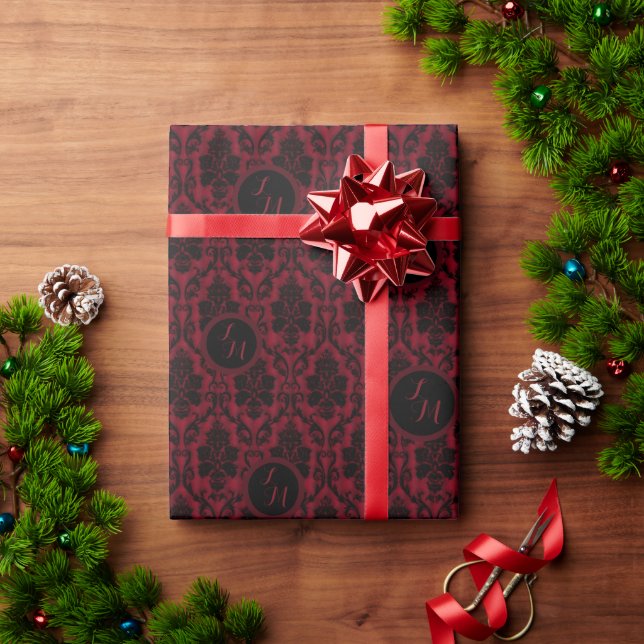 Papier Cadeau Damassé de monogramme rouge noir gothique (Cadeau de vacances)