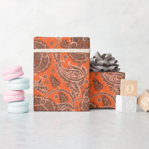 Papier Cadeau Damassé floral paisley orange ethnique orienté