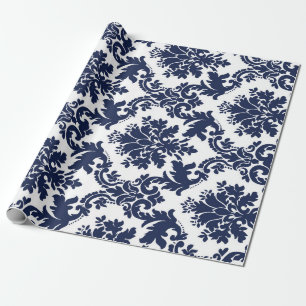 Papier Cadeau Damassé floral vintage bleu marine et blanc