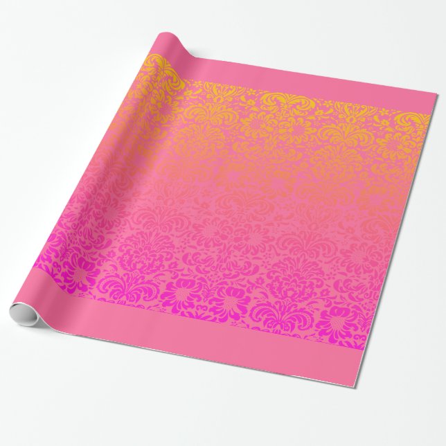Papier Cadeau Damassé florale (corail et rose) (Déroulé)