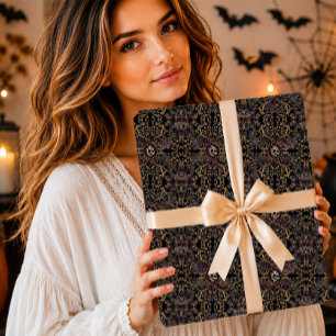 Papier Cadeau Damassé gothique crâne floral Halloween