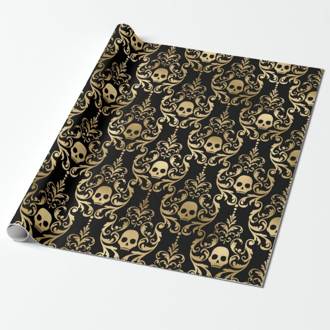 Papier Cadeau Damassé Halloween noir et or (Déroulé)