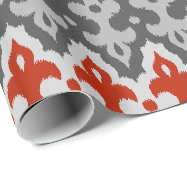 Papier Cadeau Damassé Ikat marocain, gris graphite et rouge (Coin rond)