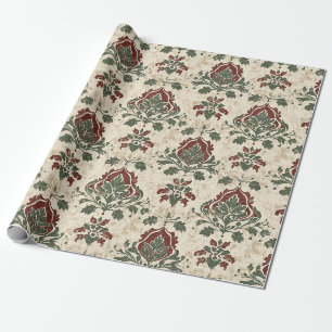 Papier Cadeau Damassé Ornemental Rouge Vert Texture Vintage