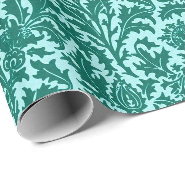Papier Cadeau Damassé, turquoise et Aqua de chardon de William (Coin rond)