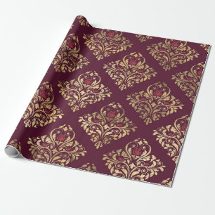 Papier Cadeau Damassé vintage Paris bordeaux rouge et or