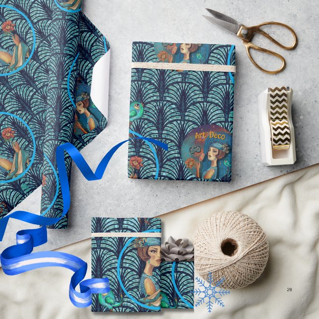 Papier Cadeau Dame Art déco des années 20 en bleu (Roaring 20's Art Deco Lady in Blue Wrapping Paper)