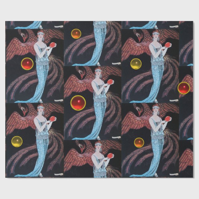 PAPIER CADEAU DAME AVEC PHOENIX, ART DÉCO BEAUTY MODE COSTUME (Plat)