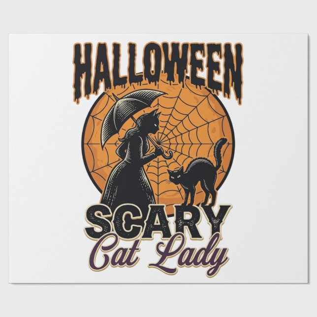 Papier Cadeau Dame de chat effrayante Halloween Sorcière Web Vin (Plat)