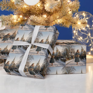 Papier Cadeau Dame de Noël des années 1950 Village anglais