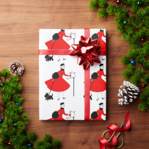 Papier Cadeau Dame de Noël vintage 1950 avec chien