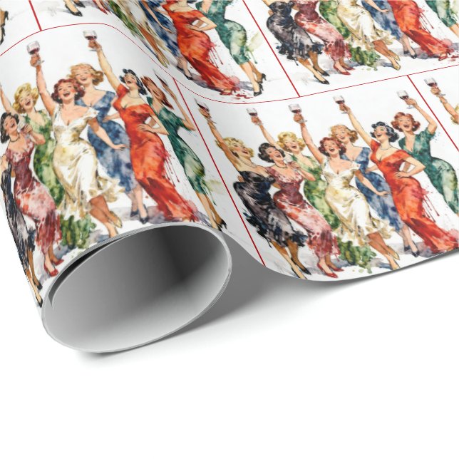Papier Cadeau Dames de soirée rétro au vin rouge (Coin rond)