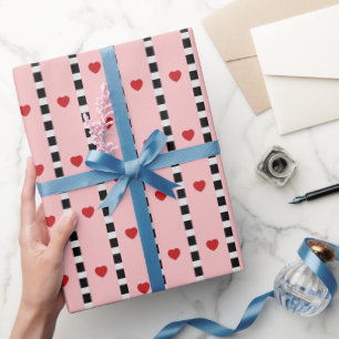 Papier Cadeau Damier à rayures de cœurs roses et rouges