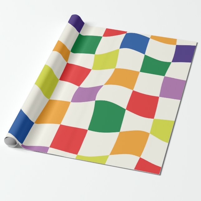 Papier Cadeau Damier déformé couleur arc-en-ciel rétro (Déroulé)