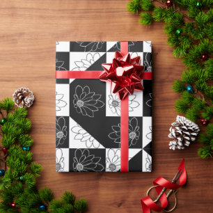 Papier Cadeau Damier monochrome et motif floral Glamour