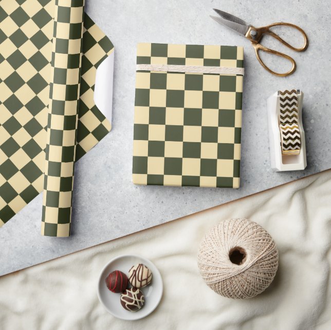 Papier Cadeau Damier Rétro en Vert Olive et Crème (Artisanat)