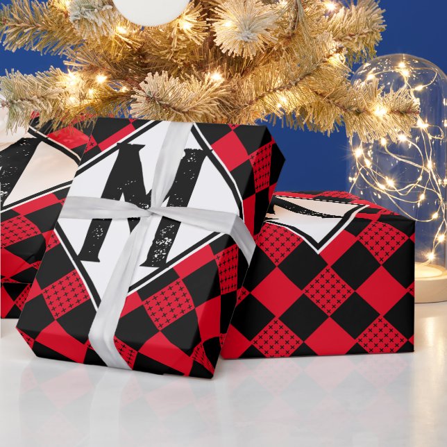 Papier Cadeau Damier rouge et noir carreau de buffle Monogramme (Vacances)