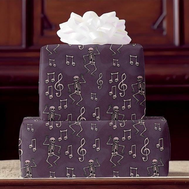 Papier Cadeau Dancing Skeleton Music Notes Halloween (Gift wrap with dancing skeletons and music notes, perfect for Halloween, gothic, or music lovers.)