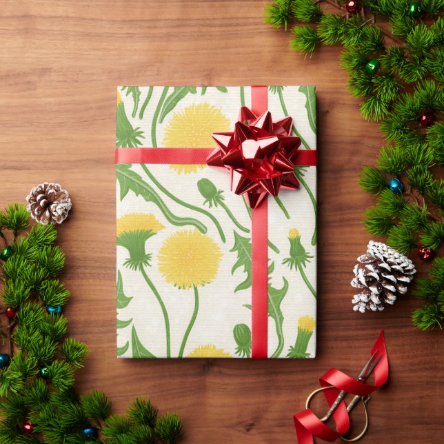 Papier Cadeau Dandelions, vert, jaune et blanc (Cadeau de vacances)