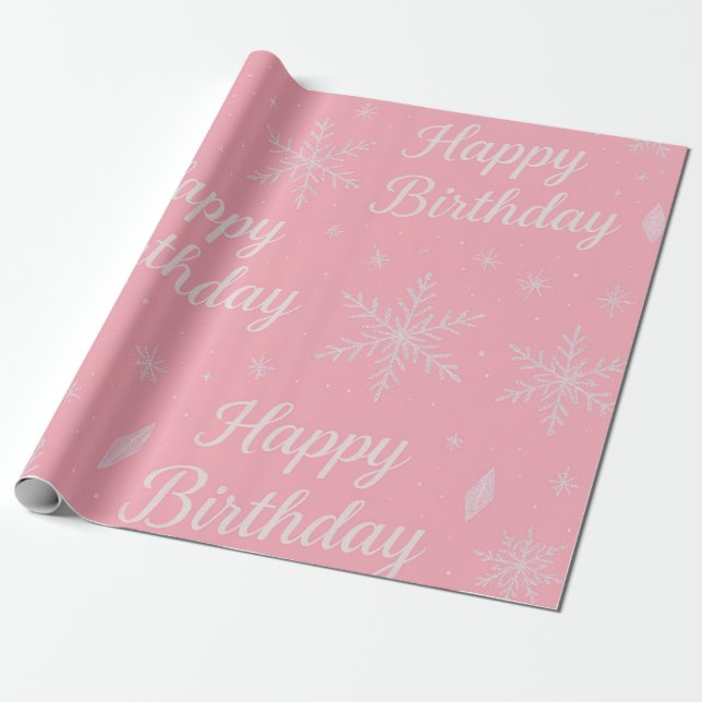 Papier cadeau d'anniversaire flocon de neige rose  (Déroulé)