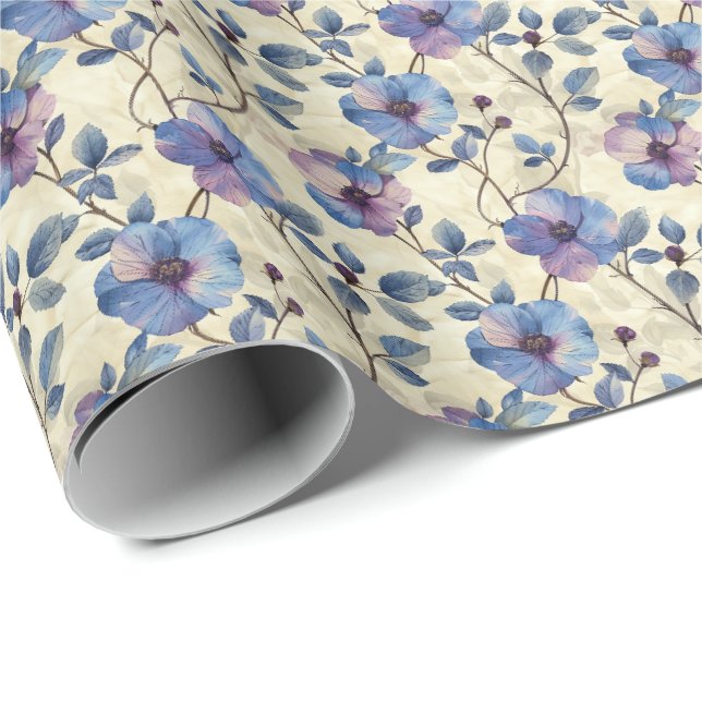 Papier cadeau d'anniversaire floral bleu et violet (Coin rond)