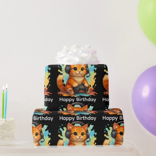 papier cadeau d'anniversaire pour joueur avec chat (Cadeaux de fête)