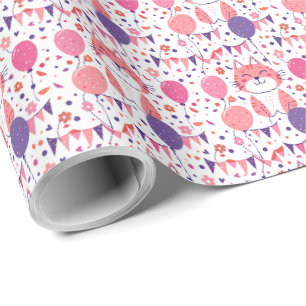 Papier cadeau d'anniversaire Rose Kitty et Ballons
