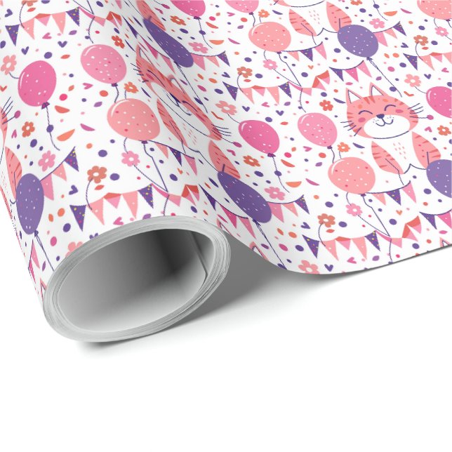 Papier cadeau d'anniversaire Rose Kitty et Ballons (Coin rond)
