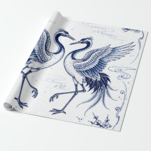 Papier Cadeau Danse de Grue Style Imari Japonaise Bleu Blanc
