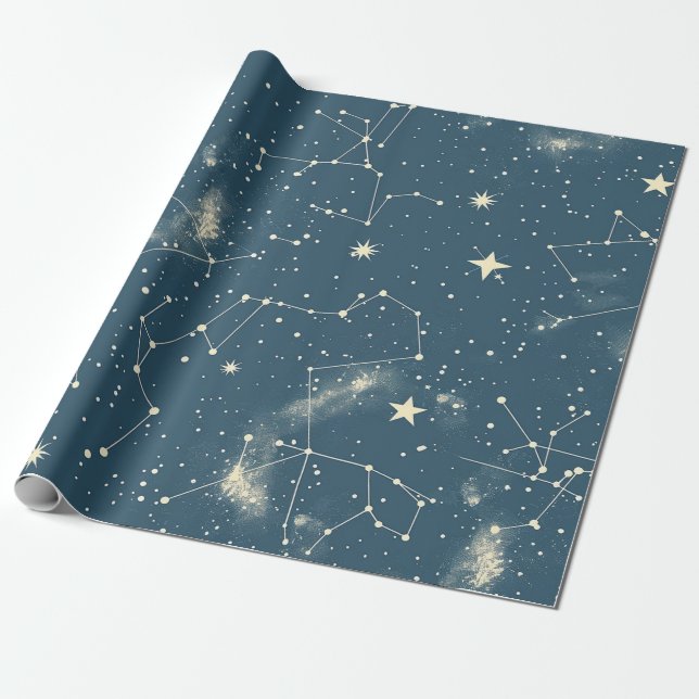 Papier Cadeau Dark Academia Navy Ivory Moon Constellation Chart (Déroulé)