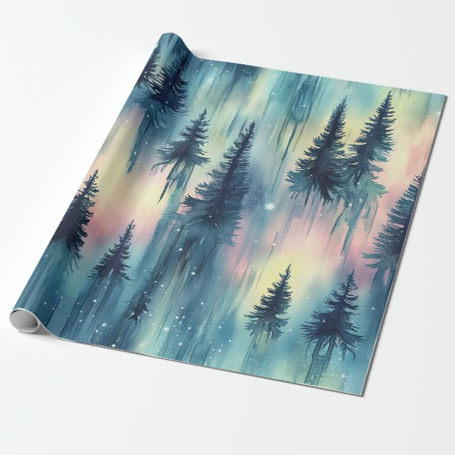Papier Cadeau Dark Aurora Borealis Night Forest (10) (Déroulé)
