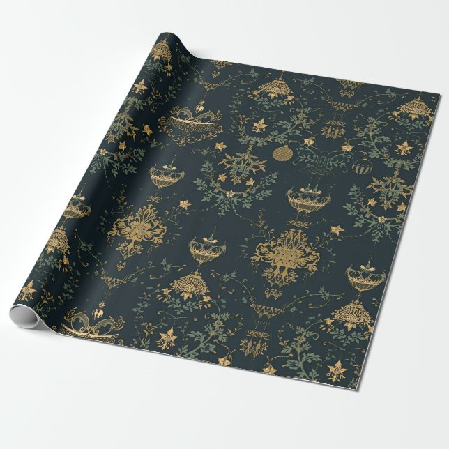 Papier Cadeau Dark Baroque Gold Ornament Wrapping Paper  (Déroulé)