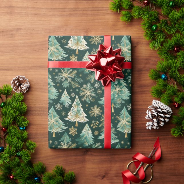 Papier Cadeau Dark Christmas Trees & Snowflakes Wrapping Paper (Cadeau de vacances)