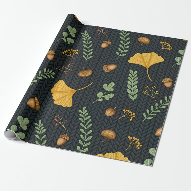 Papier cadeau Dark Fall avec feuilles de Ginkgo et (Déroulé)
