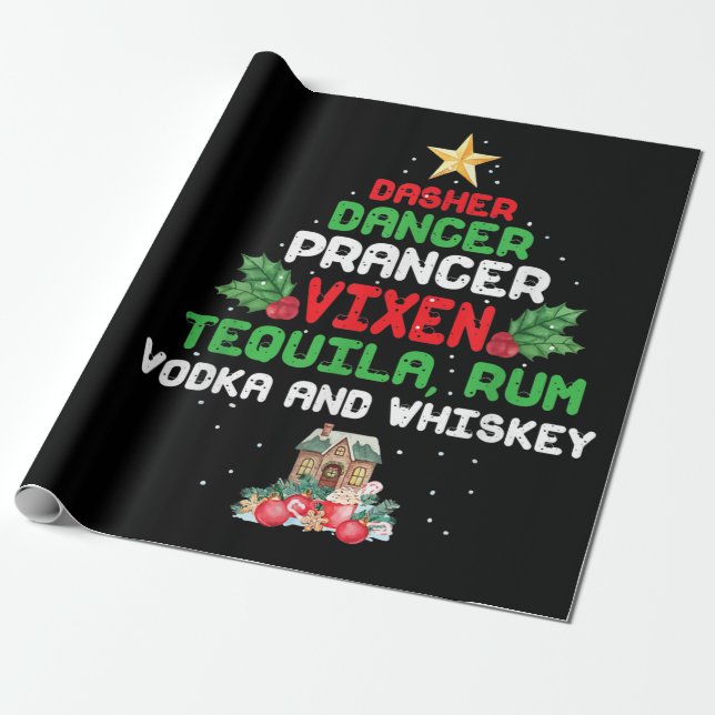 Papier Cadeau Dasher Arbre Danseur Vixen Tequila Whiskey (Déroulé)