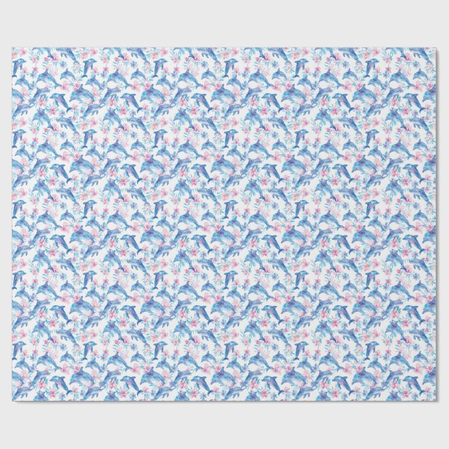 Papier Cadeau Dauphin Floral Aquarelle (Plat)