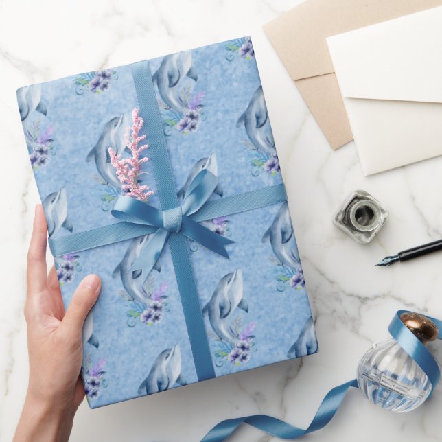 Papier Cadeau Dauphins et fleurs en bleu (Cadeaux)