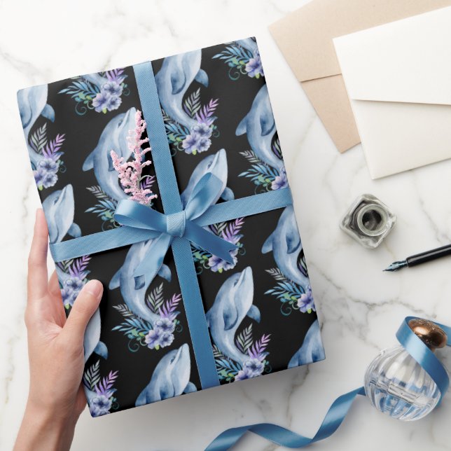Papier Cadeau Dauphins et fleurs en noir (Cadeaux)