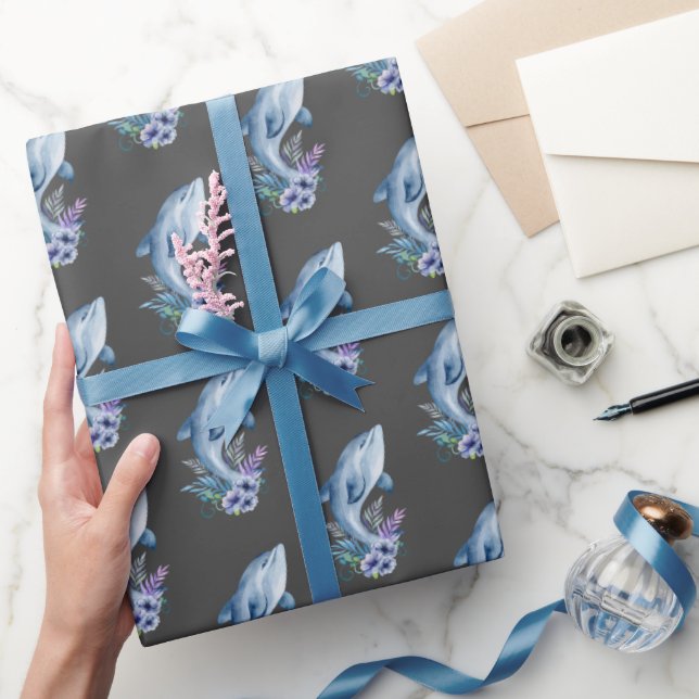 Papier Cadeau Dauphins et fleurs gris (Cadeaux)