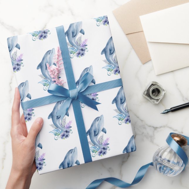 Papier Cadeau Dauphins et fleurs sur fond blanc (Cadeaux)