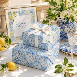 Papier cadeau de douche nuptiale en carreaux bleus