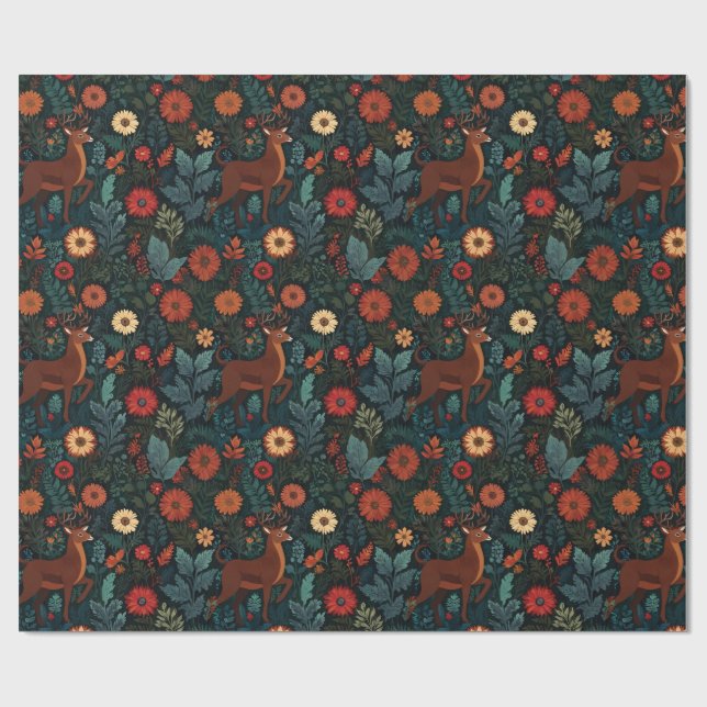 Papier cadeau de fête de cerfs et de fleurs de for (Plat)