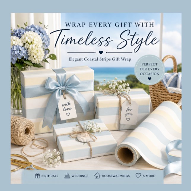Papier cadeau de la boutique à rayures côtières pa (Elegant coastal stripe gift wrap for birthdays, weddings, housewarmings and thoughtful gifts.)
