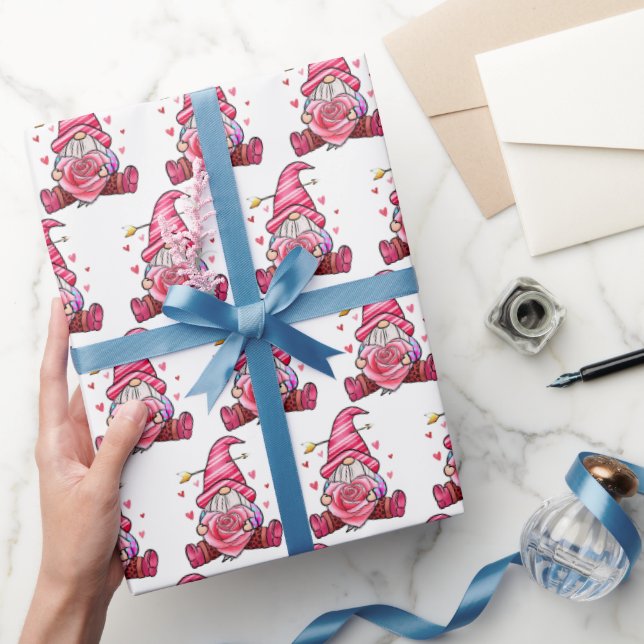 Papier Cadeau de la Saint-Valentin Gnome Rose Tend (Cadeaux)