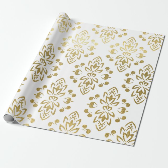 Papier cadeau de mariage à motif floral damassé or (Déroulé)
