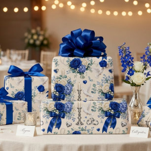 Papier cadeau de mariage floral bleu royal or avec