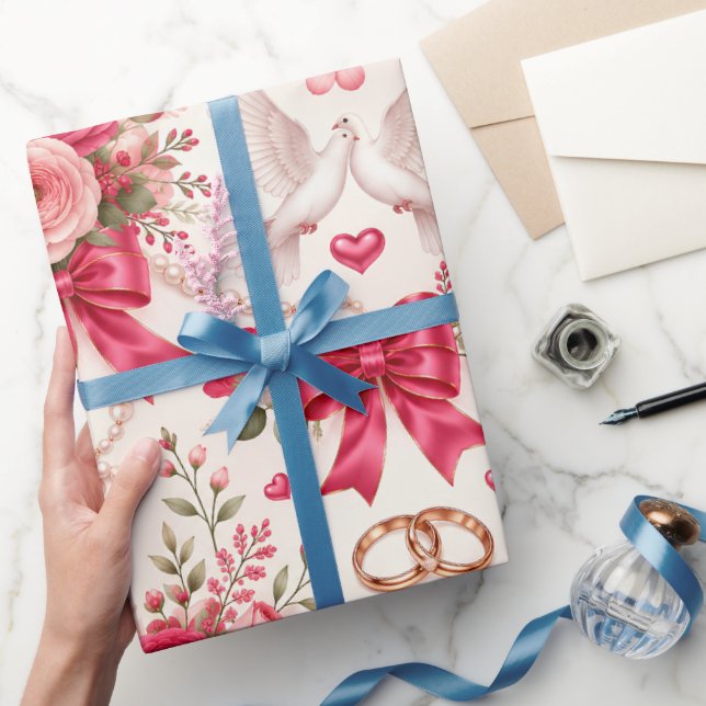 Papier cadeau de mariage floral rose vif avec colo (Cadeaux)